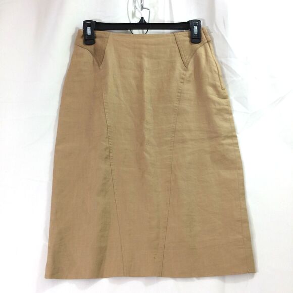 VINTAGE Rue de Calais Linen Pencil Skirt 80s/90s Size 6 Leather Waist Accents - Picture 1 of 4